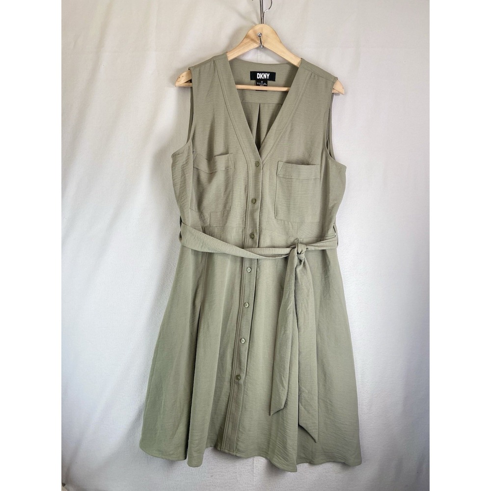 DKNY Shirt Dress Women's 16 Solid V-Neck Sleeveless Fit & Flare Knee Belted